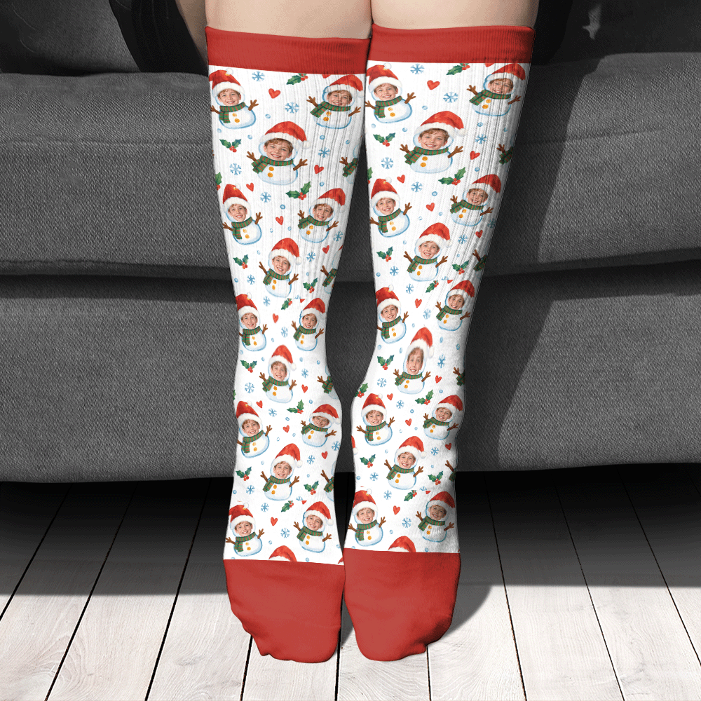 Personalized Face Photo Snowman Christmas Socks, view 2