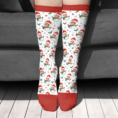 Personalized Face Photo Snowman Christmas Socks, view 2