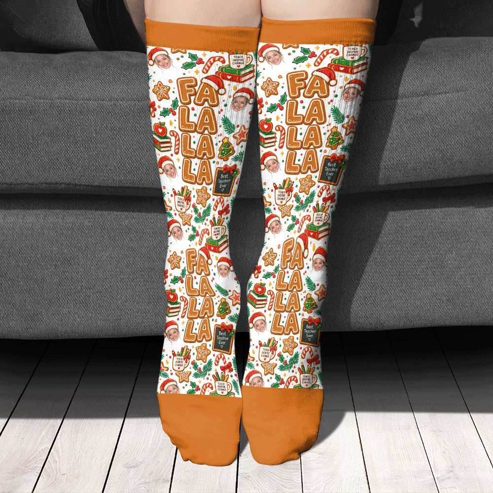 Personalized Fa La La Teacher Face Photo Christmas Socks, view 2