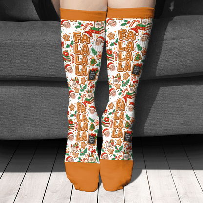 Personalized Fa La La Teacher Face Photo Christmas Socks, view 2