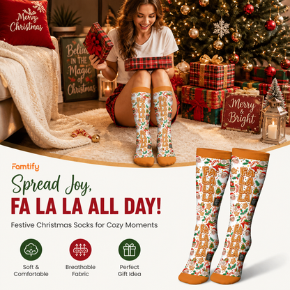 Personalized Fa La La Teacher Face Photo Christmas Socks, view 3