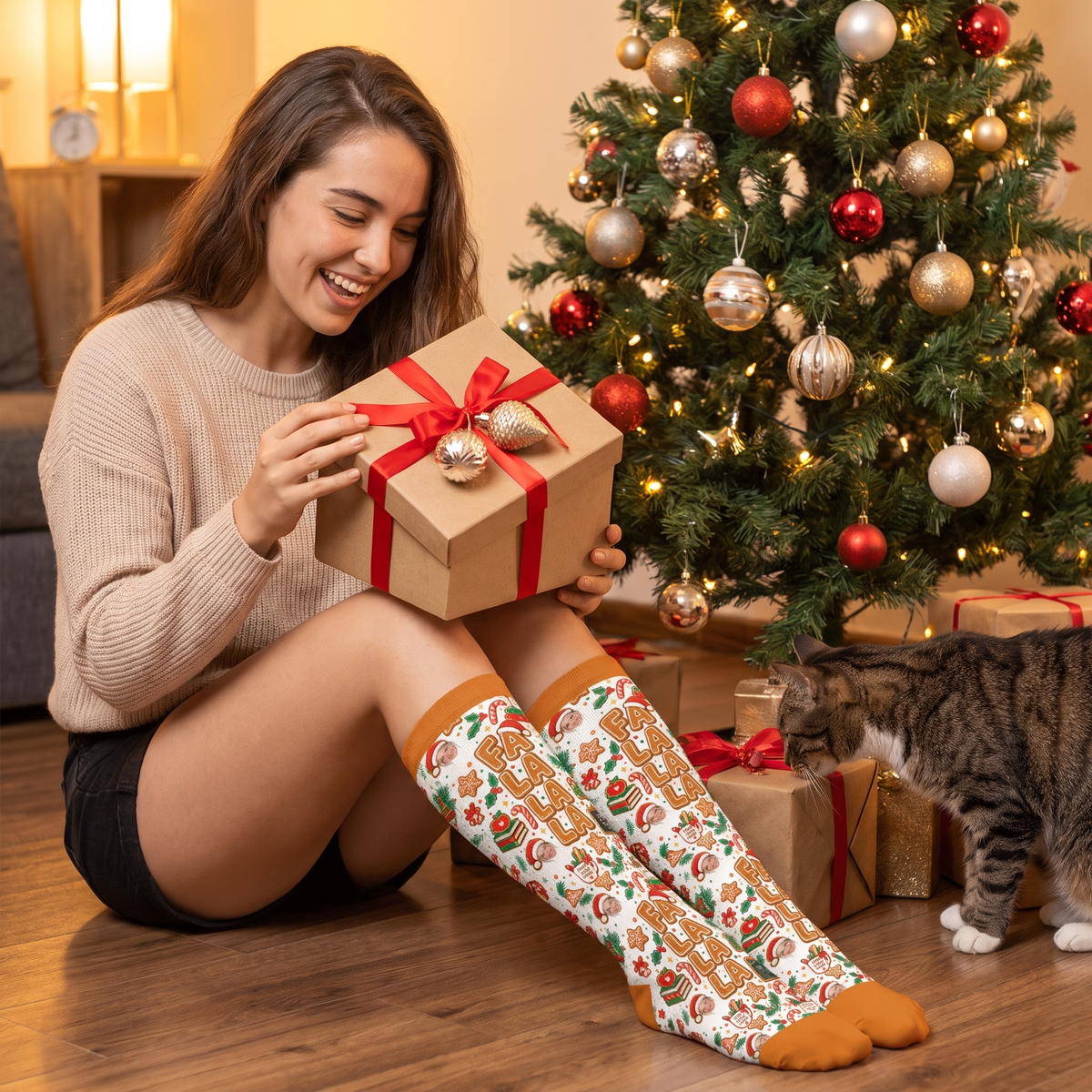 Personalized Fa La La Teacher Face Photo Christmas Socks, view 6