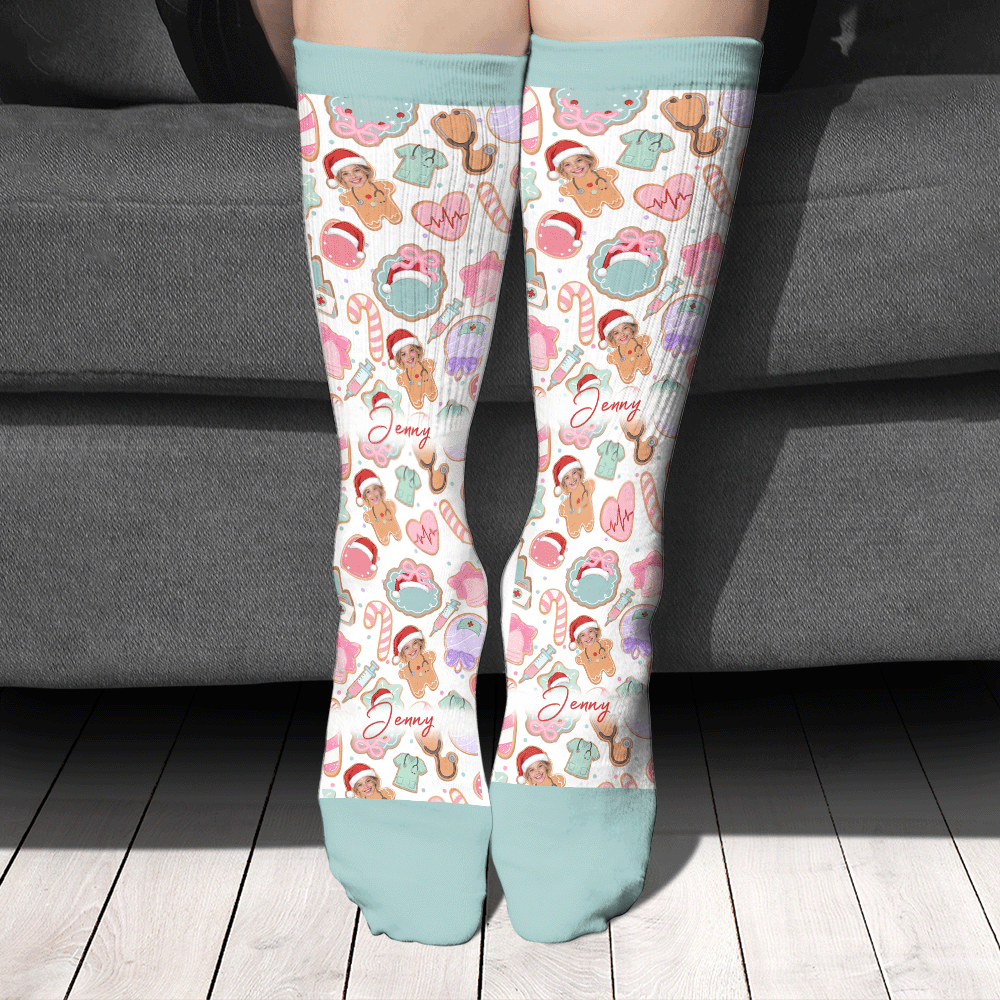 Personalized Nurse Gingerbread Cookie Face Photo Christmas Socks, view 2