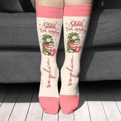 Personalized Shhh I'm Reading Christmas Socks, view 2
