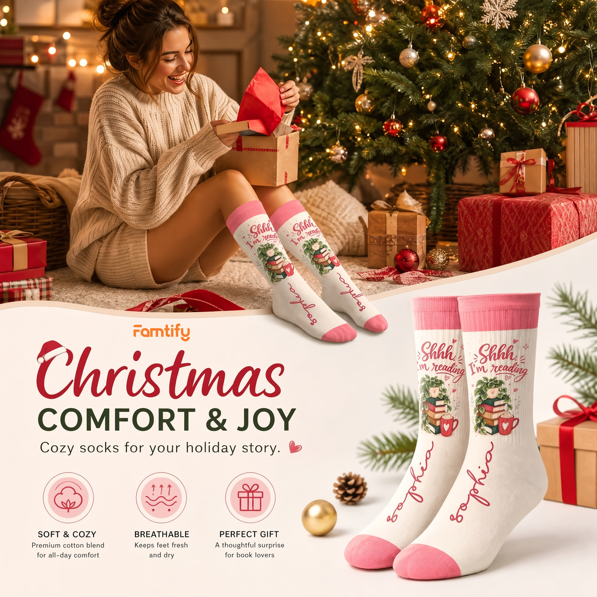 Personalized Shhh I'm Reading Christmas Socks, view 7