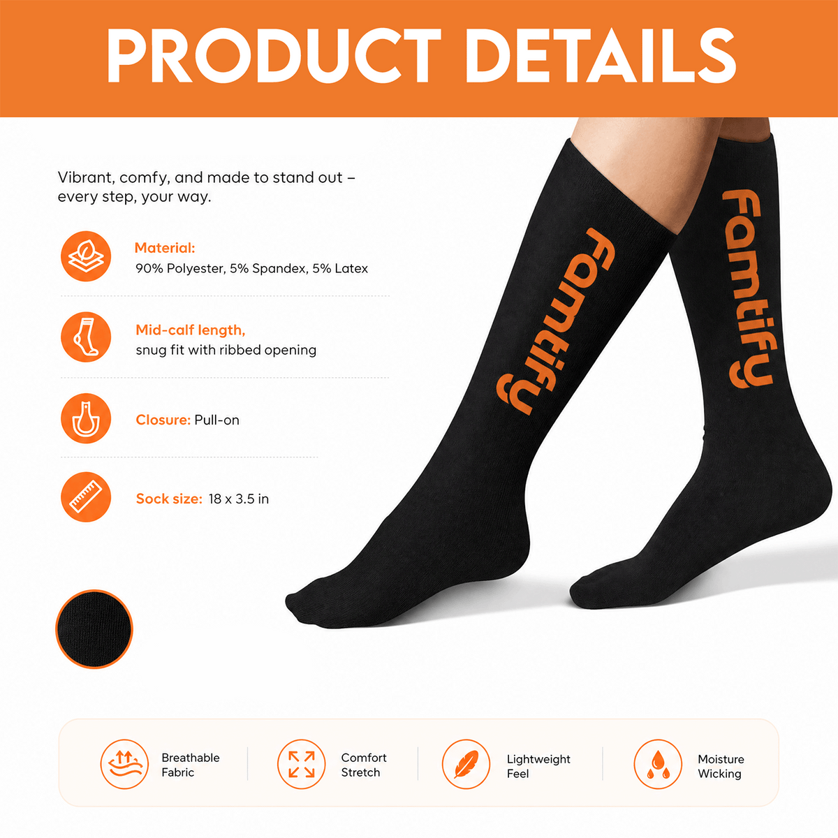 Custom print socks product details: 18 x 3.5 inches, polyester spandex blend, mid-calf fit