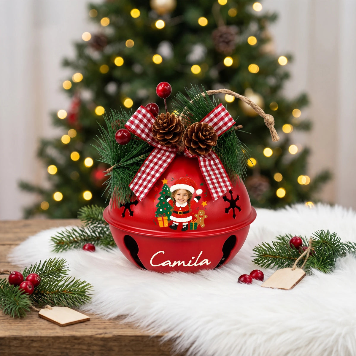 Custom photo Santa kid jingle bell ornament with child photo and name on a festive table