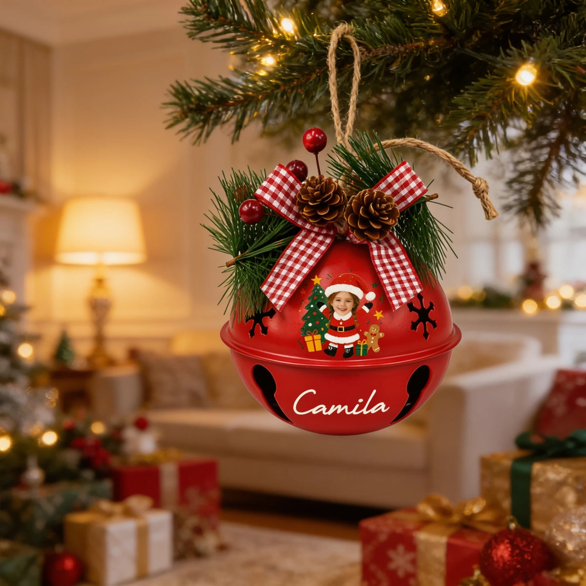 Custom kid photo jingle bell ornament hanging from a pine branch in a cozy living room