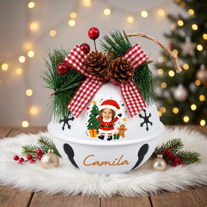 Personalized Santa kid photo jingle bell ornament with custom name and Christmas tree design