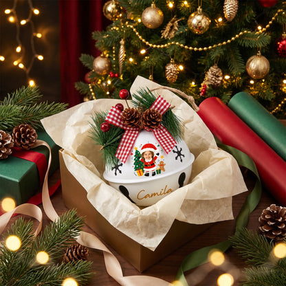 Personalized Santa kid photo jingle bell ornament in a gift box