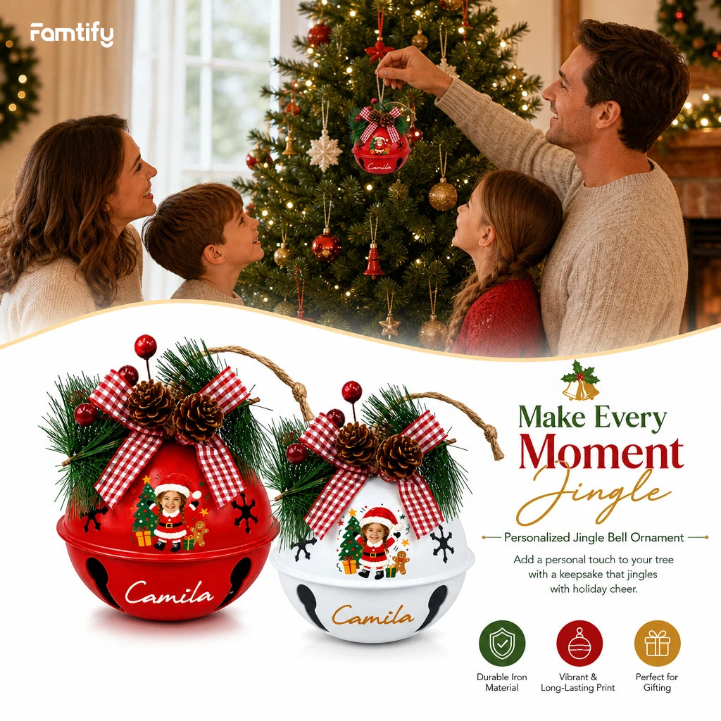 Personalized Santa kid jingle bell ornament color options, durable iron, vibrant print