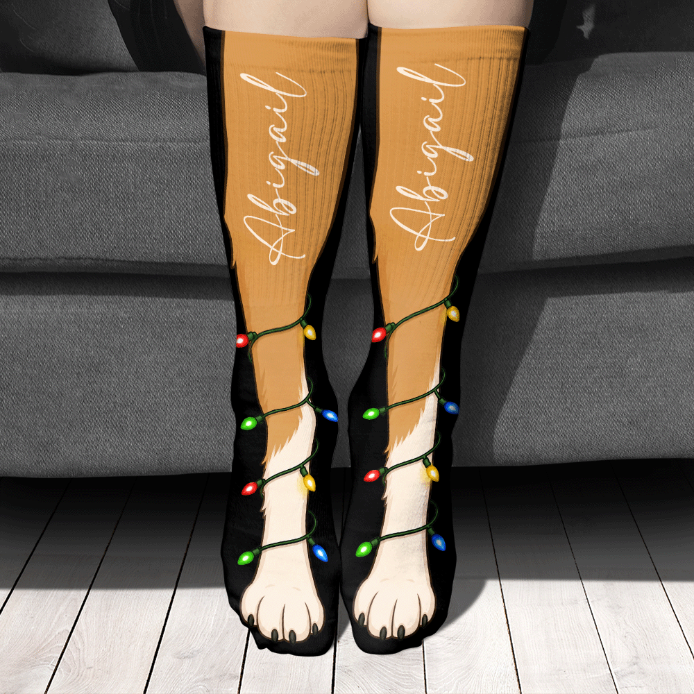 Personalized Puppy Paw Christmas Lights Socks, view 2