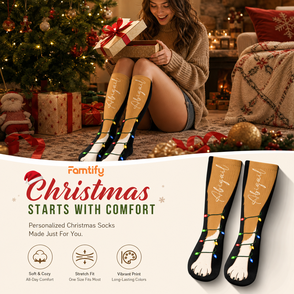 Personalized Puppy Paw Christmas Lights Socks, view 3