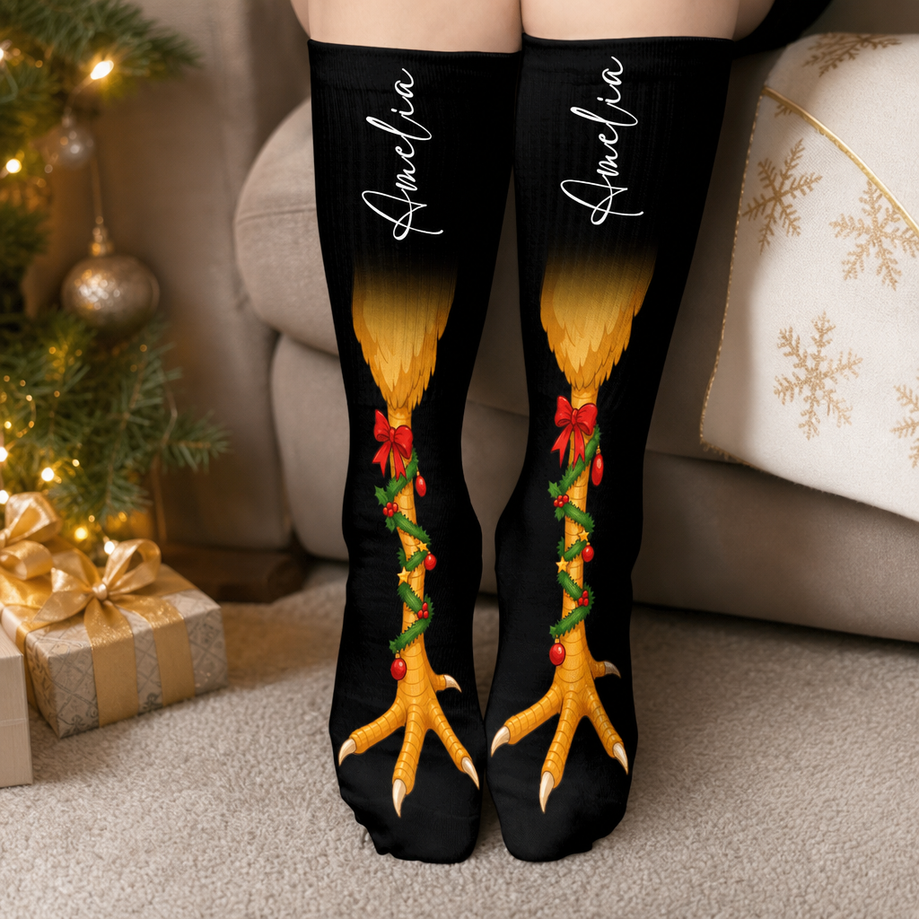 Personalized Funny Chicken Legs Christmas Socks worn on a cozy sofa by the Christmas tree