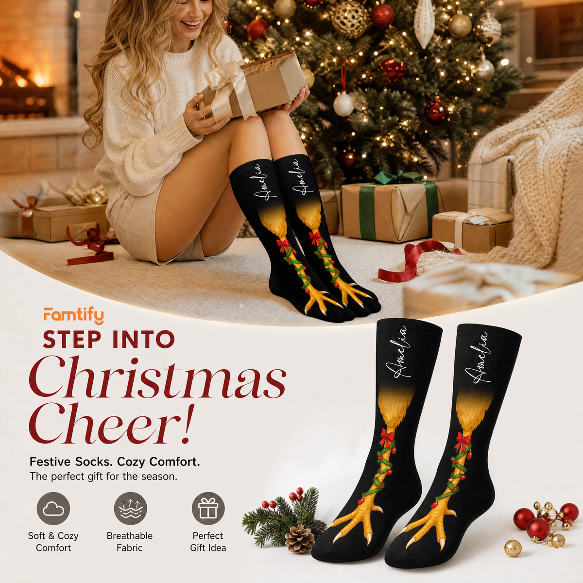 Personalized Funny Chicken Legs Christmas Socks, view 3