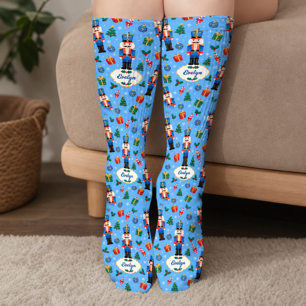 Personalized Nutcracker Christmas Pattern Socks worn on a cozy sofa by the Christmas tree