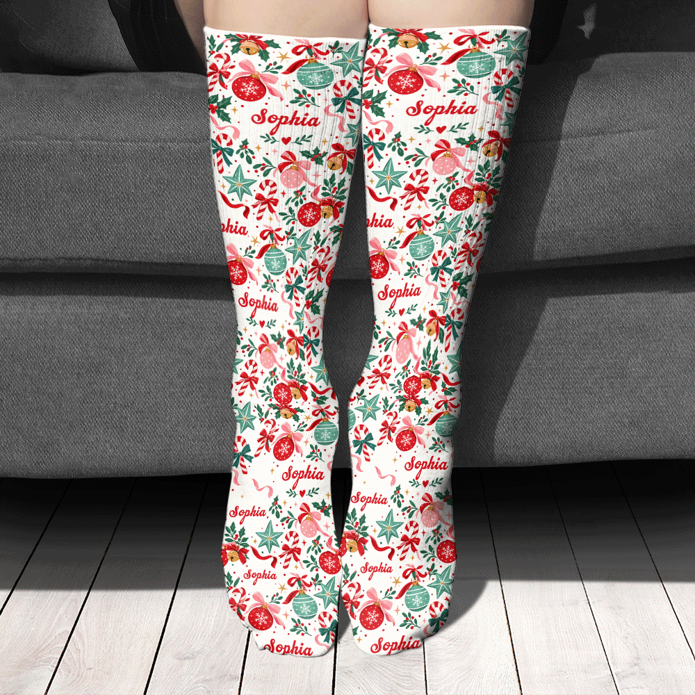Personalized Candy Cane Ornament Bow Christmas Socks, view 2