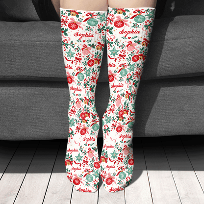 Personalized Candy Cane Ornament Bow Christmas Socks, view 2