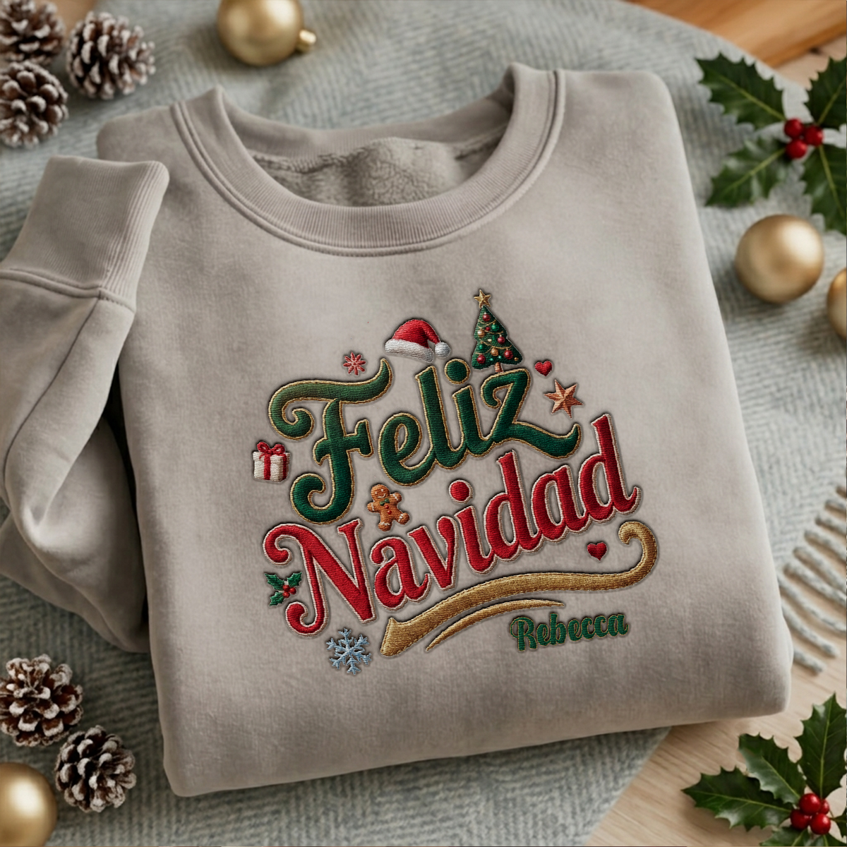 Heather grey crewneck sweatshirt embroidered with Feliz Navidad design and a custom name, laid flat with Christmas decor