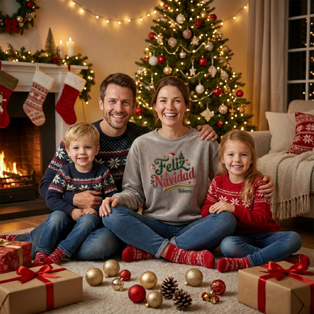 Family by the Christmas tree with mom wearing the heather grey Feliz Navidad embroidered name sweatshirt