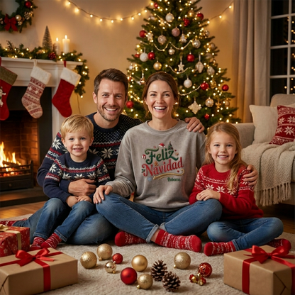 Family by the Christmas tree with mom wearing the heather grey Feliz Navidad embroidered name sweatshirt