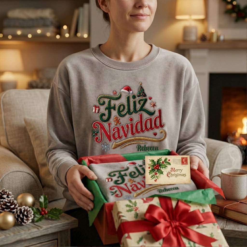 Heather grey Feliz Navidad embroidered name sweatshirt in a Christmas gift box with a holiday postcard