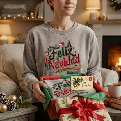 Heather grey Feliz Navidad embroidered name sweatshirt in a Christmas gift box with a holiday postcard