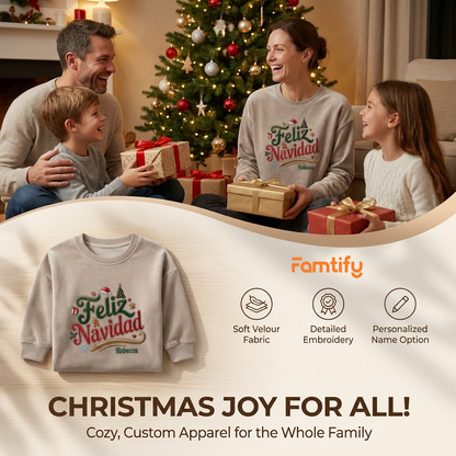 Famtify holiday banner with a family and the heather grey Feliz Navidad custom name sweatshirt