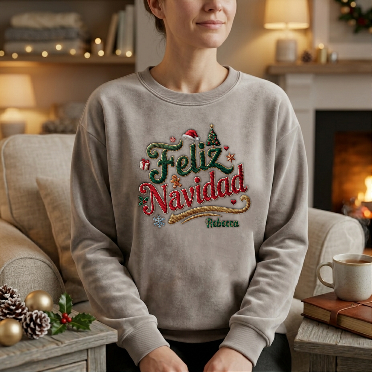 Woman wearing the heather grey Feliz Navidad embroidered sweatshirt with custom name by a cozy fireplace