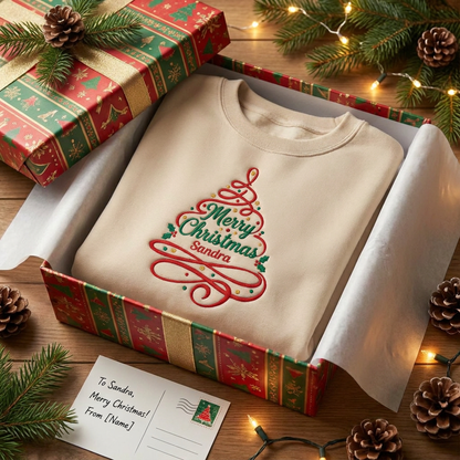 Sand Merry Christmas Ribbon Tree embroidered name sweatshirt in a Christmas gift box with a holiday postcard