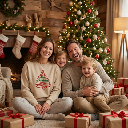 Family by the Christmas tree with mom wearing the sand Merry Christmas Ribbon Tree embroidered name sweatshirt