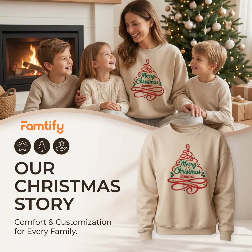 Famtify holiday banner with a family and the sand Merry Christmas Ribbon Tree custom name sweatshirt