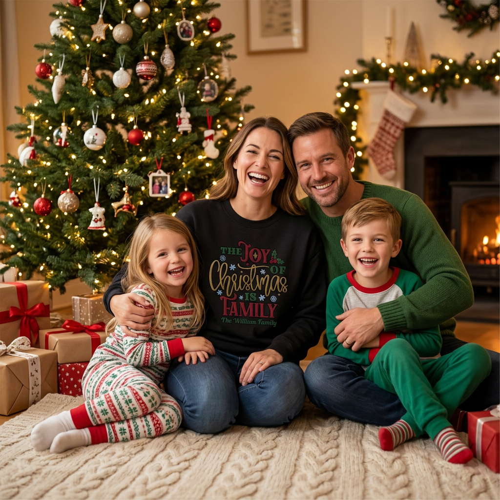 Family by the Christmas tree with mom wearing the black The Joy of Christmas Is Family embroidered name sweatshirt