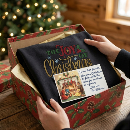 Black The Joy of Christmas Is Family embroidered name sweatshirt in a Christmas gift box with a holiday note