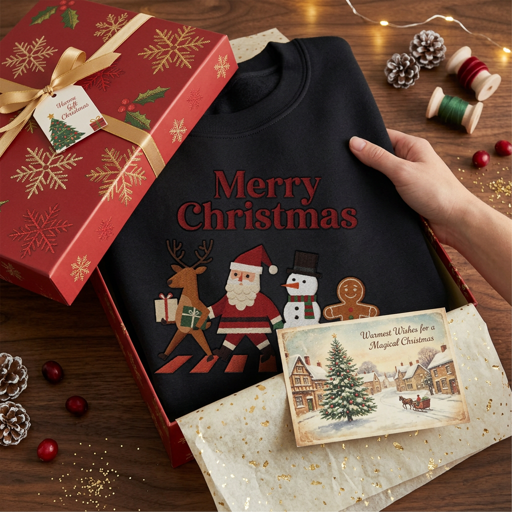 Black Merry Christmas Crew Crossing embroidered name sweatshirt in a Christmas gift box with a holiday postcard