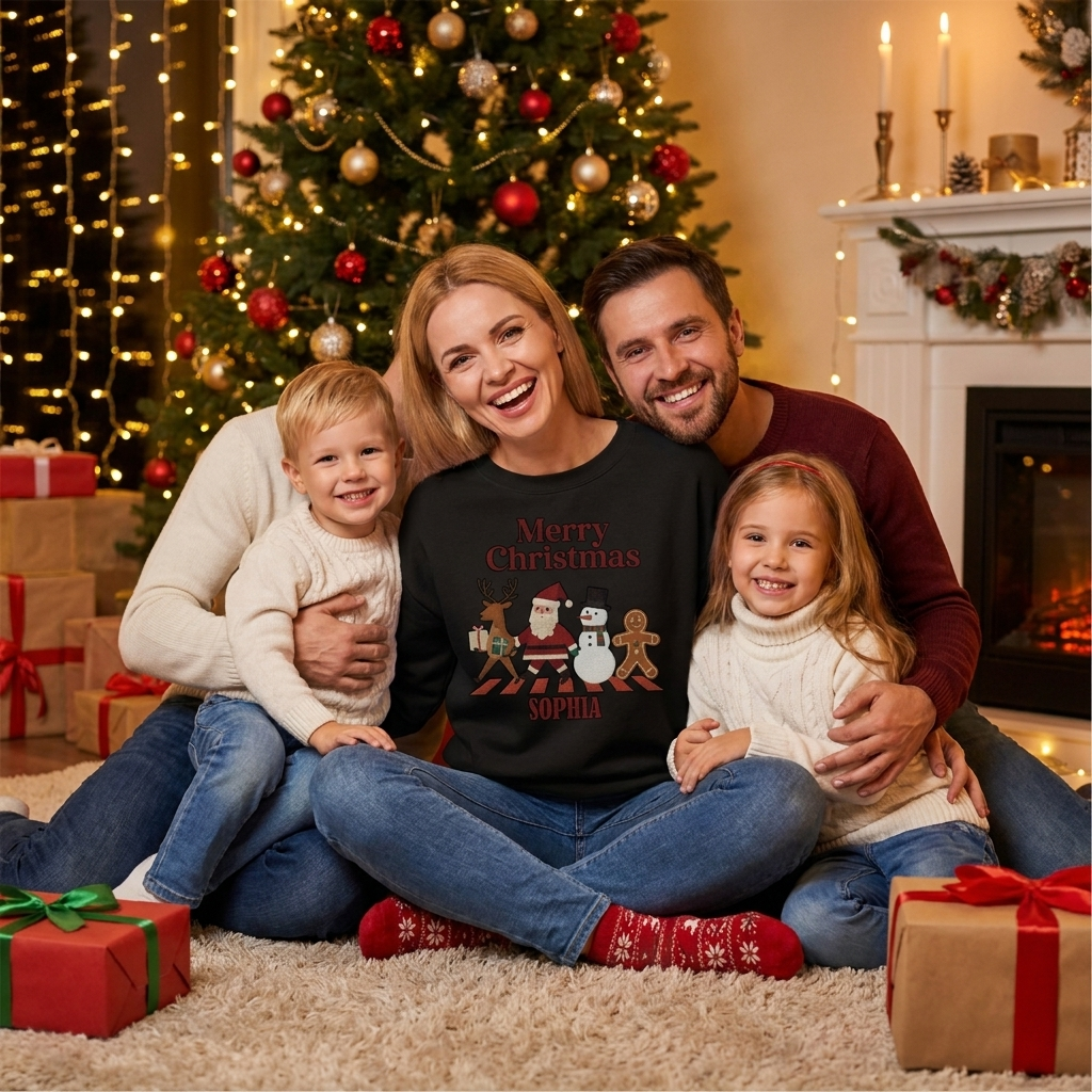 Family by the Christmas tree with mom wearing the black Merry Christmas Crew Crossing embroidered name sweatshirt