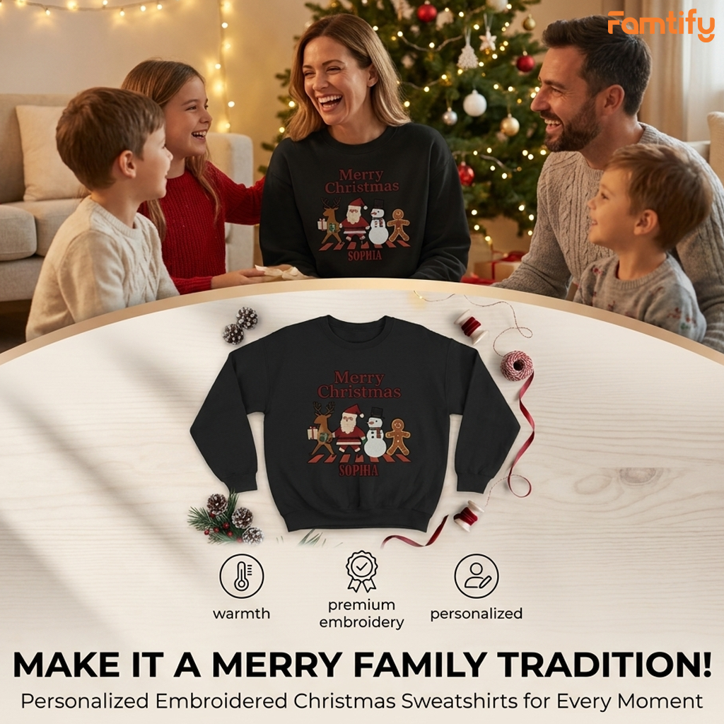 Famtify holiday banner with a family and the black Merry Christmas Crew Crossing custom name sweatshirt