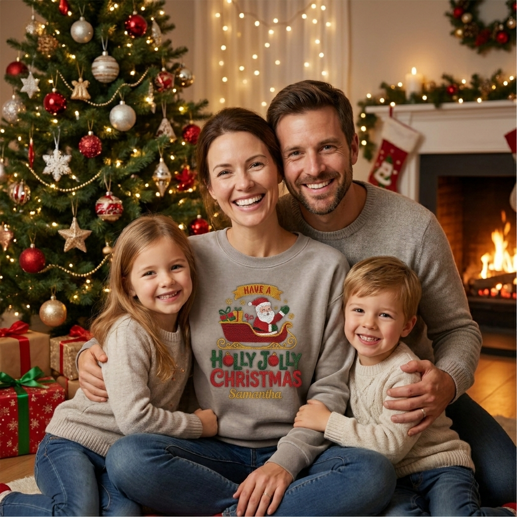 Family by the Christmas tree with mom wearing the heather grey Holly Jolly Christmas Santa Sleigh embroidered name sweatshirt