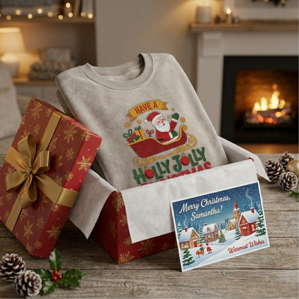 Heather grey Holly Jolly Christmas Santa Sleigh embroidered name sweatshirt in a Christmas gift box with a holiday postcard