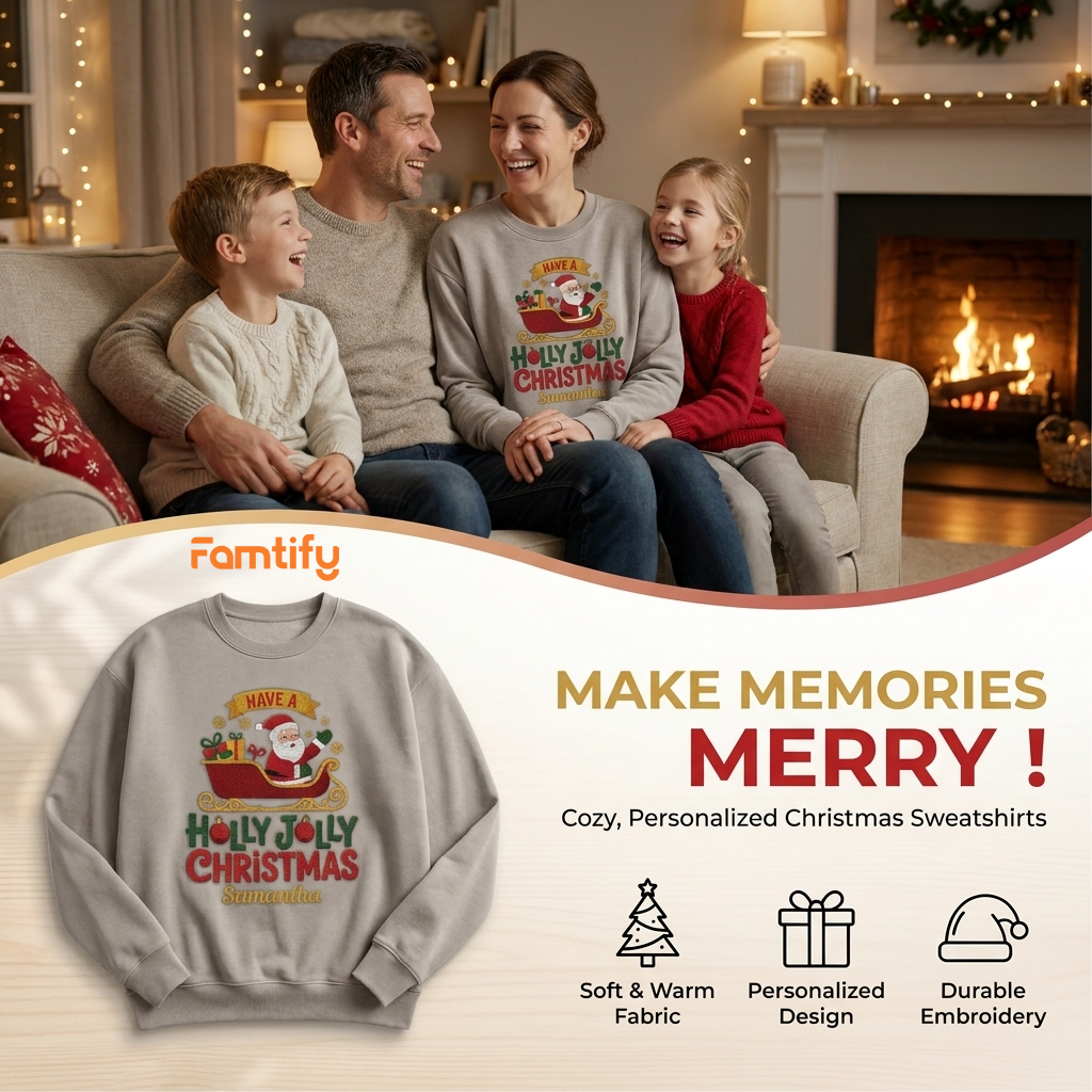 Famtify holiday banner with a family and the heather grey Holly Jolly Christmas Santa Sleigh custom name sweatshirt