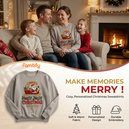 Famtify holiday banner with a family and the heather grey Holly Jolly Christmas Santa Sleigh custom name sweatshirt