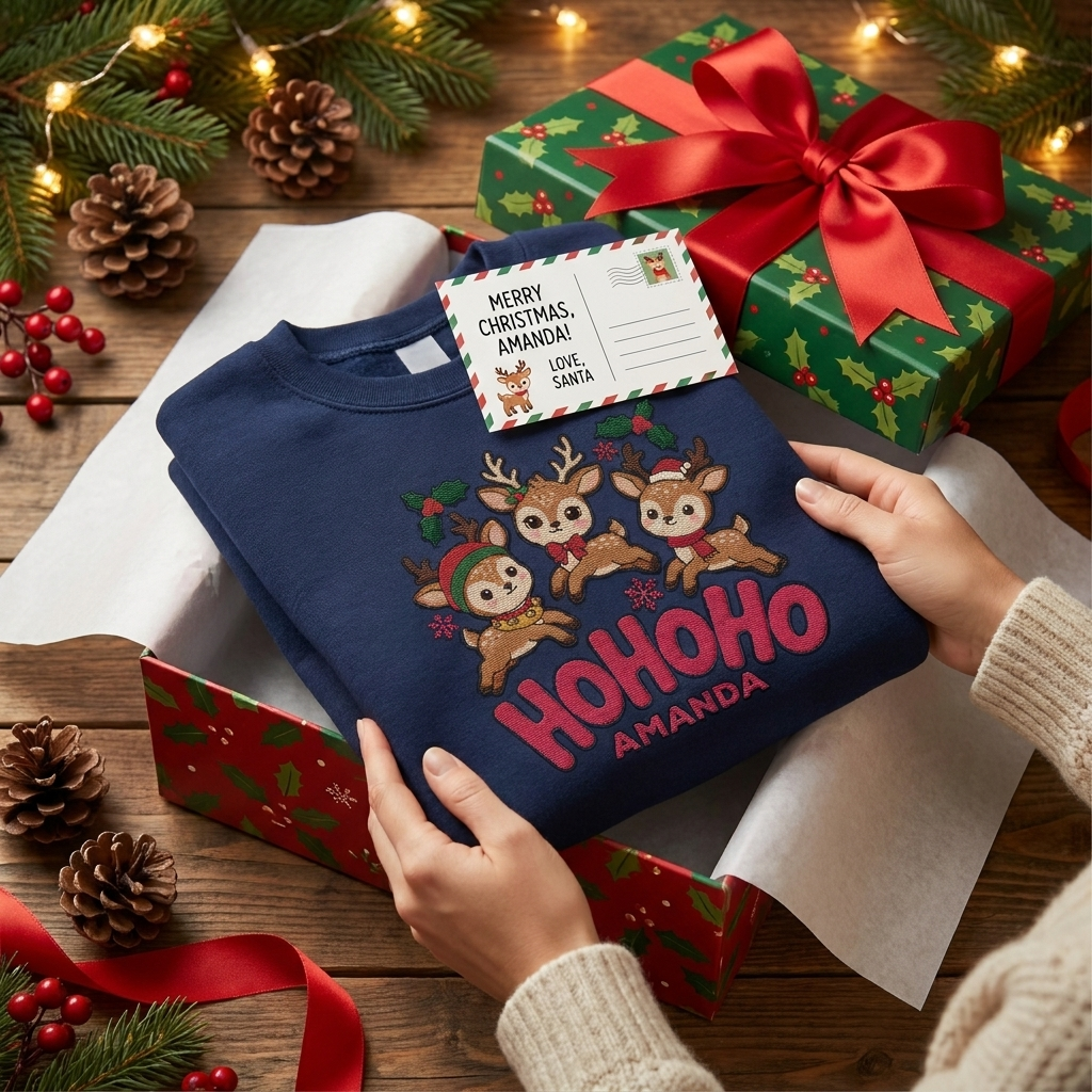 Navy Ho Ho Ho Baby Reindeer embroidered name sweatshirt in a Christmas gift box with a holiday postcard