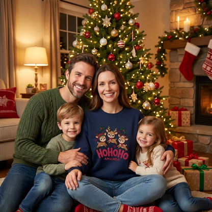 Family by the Christmas tree with mom wearing the navy Ho Ho Ho Baby Reindeer embroidered name sweatshirt