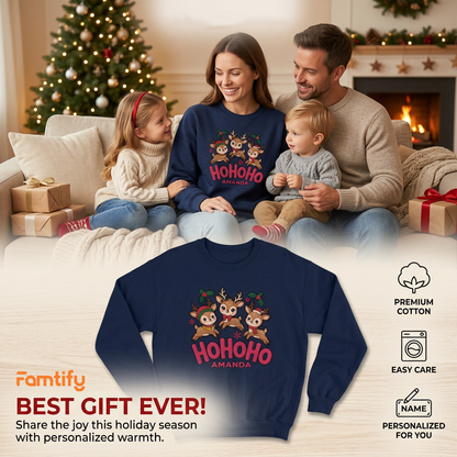 Famtify holiday banner with a family and the navy Ho Ho Ho Baby Reindeer custom name sweatshirt