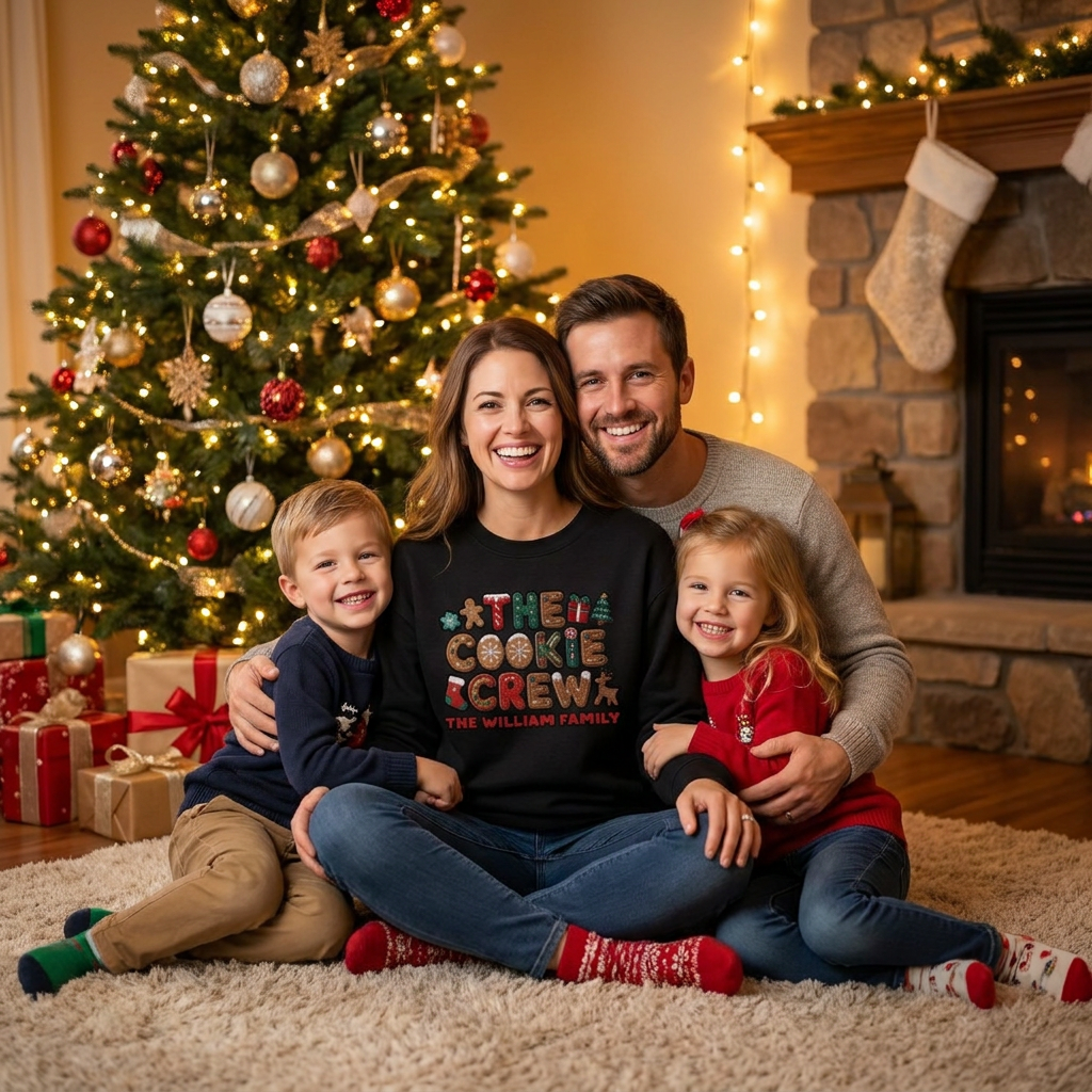 Family by the Christmas tree with mom wearing the black The Cookie Crew embroidered name sweatshirt
