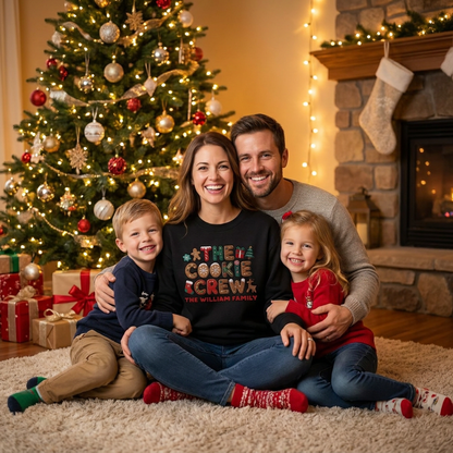 Family by the Christmas tree with mom wearing the black The Cookie Crew embroidered name sweatshirt