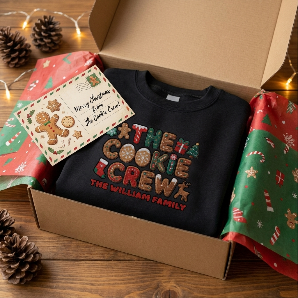Black The Cookie Crew embroidered name sweatshirt in a kraft gift box with a gingerbread Christmas postcard