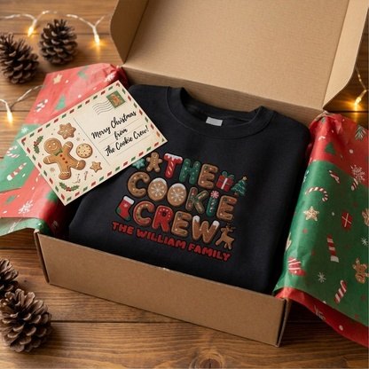 Black The Cookie Crew embroidered name sweatshirt in a kraft gift box with a gingerbread Christmas postcard
