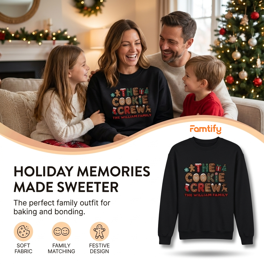 Famtify holiday banner with a family and the black The Cookie Crew custom name sweatshirt