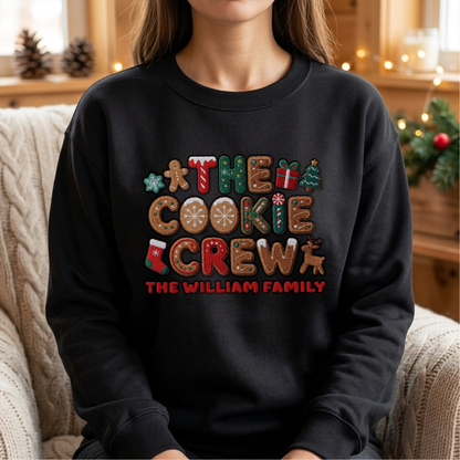 Woman wearing the black The Cookie Crew embroidered sweatshirt with custom family name